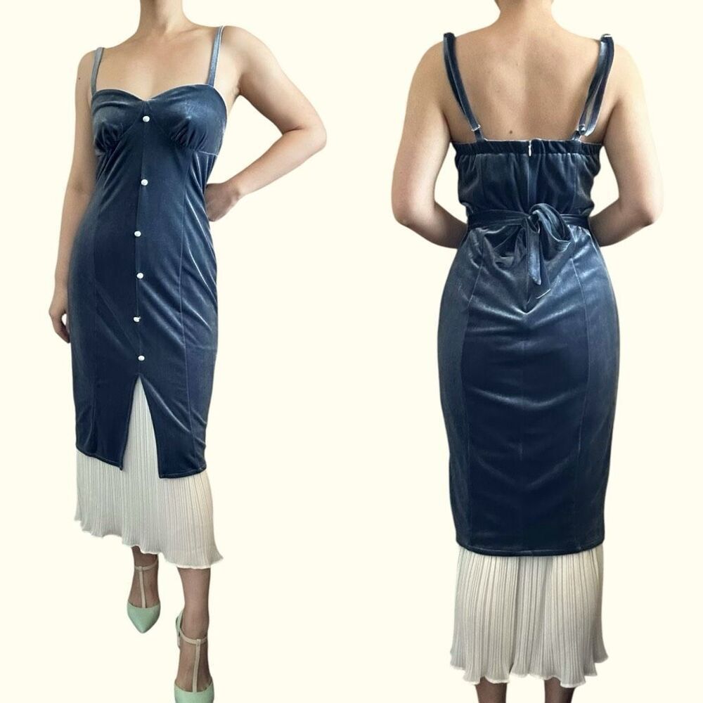 NWT Pink Savior Club Blue Velvet Mandarin‎ Collar 2-Piece Dress Set Size M - Picture 3 of 10